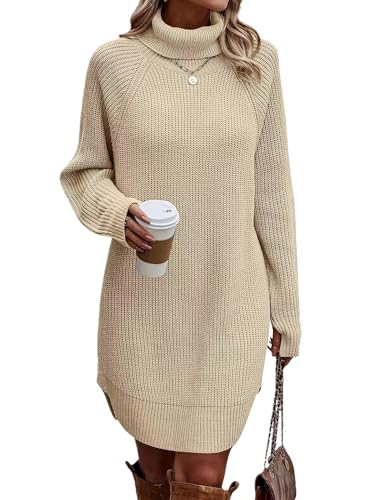 shownicer Damen Rollkragen Strickkleid Strickpullover Elegant Winterkleid Modisches Pulloverkleid Midikleid Herbst Winter Oversized Knielang Strickpullover Stricken Tunika Kleid A Aprikose L von shownicer