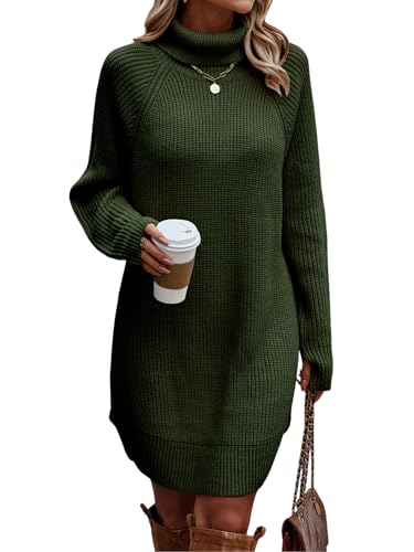 shownicer Damen Rollkragen Strickkleid Strickpullover Elegant Winterkleid Modisches Pulloverkleid Midikleid Herbst Winter Oversized Knielang Strickpullover Stricken Tunika Kleid A Armeegrün L von shownicer