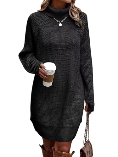 shownicer Damen Rollkragen Strickkleid Strickpullover Elegant Winterkleid Modisches Pulloverkleid Midikleid Herbst Winter Oversized Knielang Strickpullover Stricken Tunika Kleid A Schwarz M von shownicer