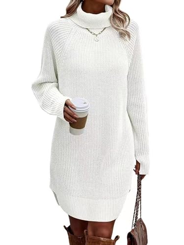 shownicer Damen Rollkragen Strickkleid Strickpullover Elegant Winterkleid Modisches Pulloverkleid Midikleid Herbst Winter Oversized Knielang Strickpullover Stricken Tunika Kleid A Weiß L von shownicer