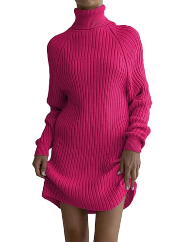 shownicer Damen Rollkragen Strickkleid Strickpullover Elegant Winterkleid Modisches Pulloverkleid Midikleid Herbst Winter Oversized Knielang Strickpullover Stricken Tunika Kleid E Rosa M von shownicer