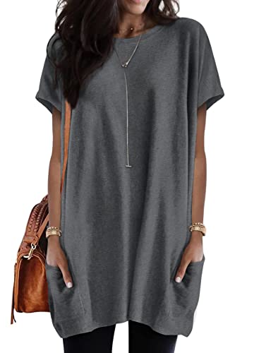 shownicer Damen Rundhals Kurzarm Lang Shirt Oberteil Einfarbig T-Shirt Tunika Loose Casual Kurzarmshirt mit Tasche Elegant Pullover Sweatshirt Lässig Tops Rundkragen Oversize Longshirt A Dunkelgrau M shownicer Damen Rundhals Kurzarm Lang Shirt Oberteil Einfarbig T-Shirt Tunika Loose Casual Kurzarmshirt mit Tasche Elegant Pullover Sweatshirt Lässig Tops Rundkragen Oversize Longshirt A Dunkelgrau M von shownicer