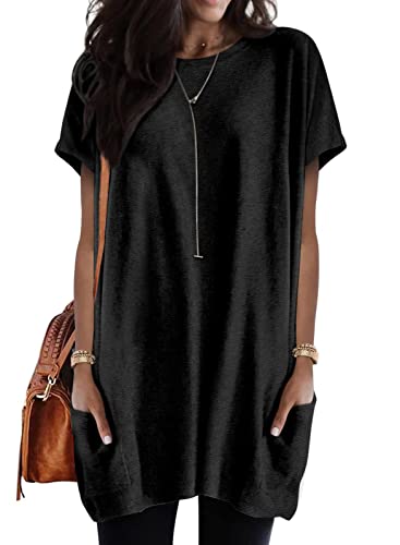 shownicer Damen Rundhals Kurzarm Lang Shirt Oberteil Einfarbig T-Shirt Tunika Loose Casual Kurzarmshirt mit Tasche Elegant Pullover Sweatshirt Lässig Tops Rundkragen Oversize Longshirt A Schwarz XXL von shownicer