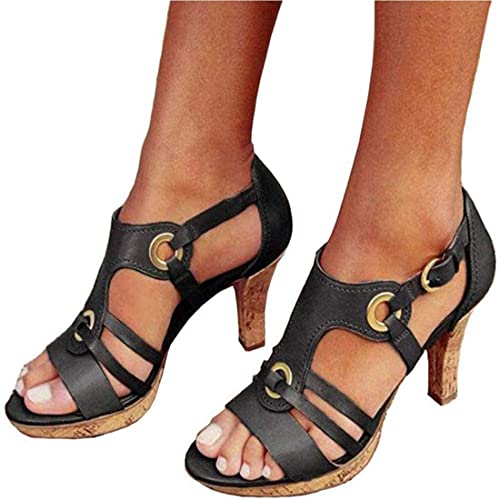 shownicer Damen Sandalen High Heels Retro Römersandalen Blockabsatz Sandaletten Offene Zehe Sommer Strandschuhe Schwarz 35 EU von shownicer