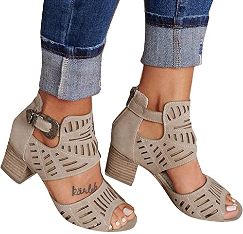 shownicer Damen Sandalen High Heels Retro Römersandalen Blockabsatz Sandaletten Offene Zehe Sommer Strandschuhe Z Khaki 38 EU von shownicer