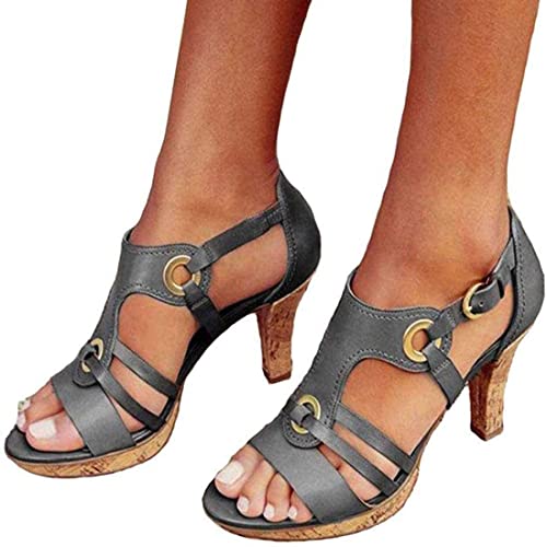 shownicer Damen Sandalen Pumps Blockabsatz High Heels Sommerschuhe Reißverschluss Sandals Party Freizeit Hochhackige Grau 37 EU von shownicer