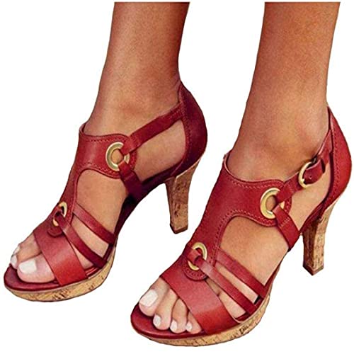 shownicer Damen Sandalen Pumps Blockabsatz High Heels Sommerschuhe Reißverschluss Sandals Party Freizeit Hochhackige Rot 35 EU von shownicer