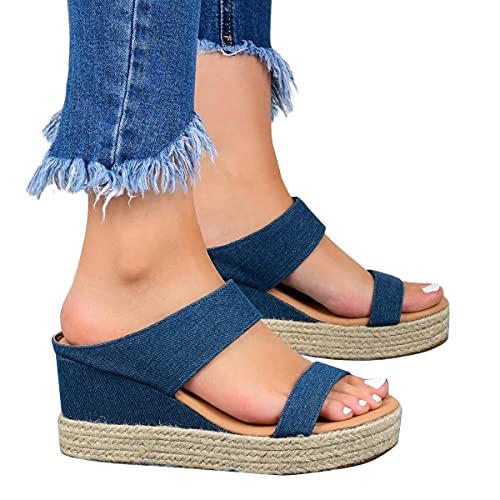 shownicer Damen Sandalen Sommer mit Absatz Frauen Keilabsatz Sandaletten Offene Schuhe Faux Leder Casual Plattform Römersandalen Flip Flops Freizeit Schuhe Strandsandalen X Blau 35 EU von shownicer