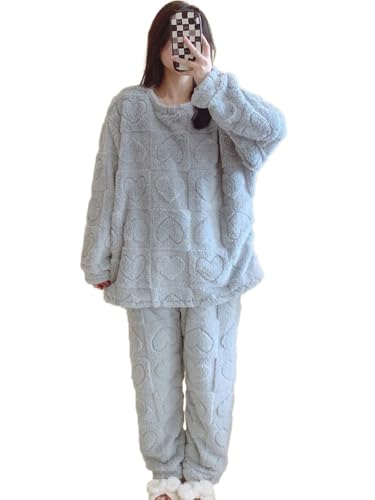 shownicer Damen Schlafanzüge Warme Fleece Pyjama Set mit Herz-Print Winter Langarm Hausanzug Nachtwäsche Mit Lange Oberteile Und Hosen A Blau 3XL von shownicer