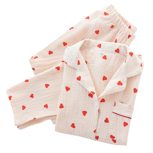 shownicer Damen Schlafanzug mit Knopfleiste Langarm Nachtwäsche Revers Pyjamas Set Pfirsich Herz Muster Zweiteiliger Nachtwäsche Lässige Baumwolle Hausanzug Loungewear PJs A Aprikose S von shownicer
