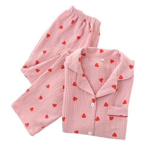 shownicer Damen Schlafanzug mit Knopfleiste Langarm Nachtwäsche Revers Pyjamas Set Pfirsich Herz Muster Zweiteiliger Nachtwäsche Lässige Baumwolle Hausanzug Loungewear PJs A Rosa L von shownicer