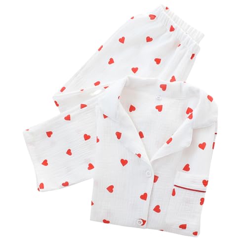 shownicer Damen Schlafanzug mit Knopfleiste Langarm Nachtwäsche Revers Pyjamas Set Pfirsich Herz Muster Zweiteiliger Nachtwäsche Lässige Baumwolle Hausanzug Loungewear PJs A Weiß S von shownicer