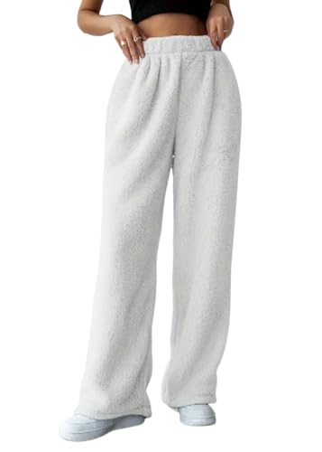 shownicer Damen Schlafanzughose Fleece Plüschhose Pyjamahose Lange Warm Einfarbig Flauschige Freizeithose Jogginghose Winter Haushose Fleecehose A Weiß M von shownicer