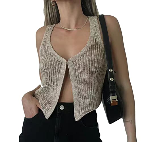 shownicer Damen Sexy Kurze Weste Strick mit V-Ausschnitt Cardigan Strickweste Ärmellos Y2K Vintage Strick Tank Top Streetwear Teenage Mädchen Outfits B Khaki S von shownicer