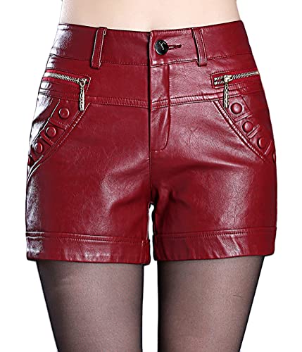 shownicer Damen Sexy Leder Shorts Hohe Taille PU Lederoptik Kurze Hose Casual Wide Leg Lederimitat Kunstlederhose Hotpants Für Frauen Teen Girls D Rot 3XL von shownicer