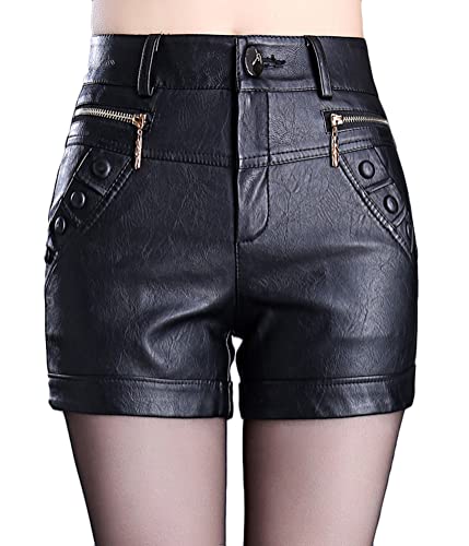 shownicer Damen Sexy Leder Shorts Hohe Taille PU Lederoptik Kurze Hose Casual Wide Leg Lederimitat Kunstlederhose Hotpants Für Frauen Teen Girls D Schwarz 3XL von shownicer