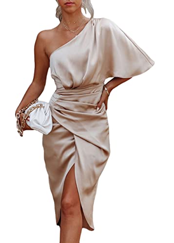 shownicer Damen Sexy One Shoulder Abendkleid Einfarbiges Elegant Cocktailkleid mit Schlitz Partykleid Schulterfrei Hohe Taille Kleid Knielang Businesskleid Beige L von shownicer