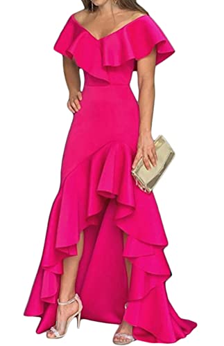 shownicer Damen Sexy SchräGe Schulter Kleid Eng Anliegende Schlitz Gefaltete GekräUselte Meerjungfrau Formales Abendkleider Lang Kleid Cocktailkleid Rose Rot XL von shownicer