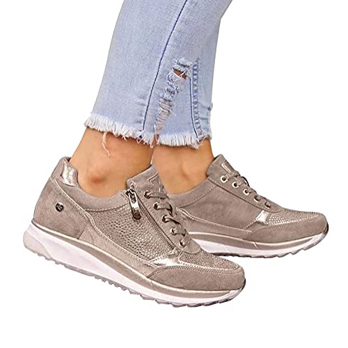 shownicer Damen Sneaker Flach Schuhe Freizeit Schnürer Reißverschluss Sportschuhe Frühjahr Sommer Low-Top Sneaker Laufschuhe Outdoor Walkingschuhe Beige 41 EU von shownicer