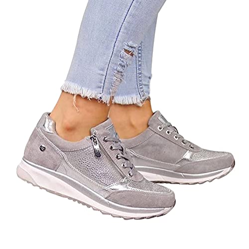 shownicer Damen Sneaker Flach Schuhe Freizeit Schnürer Reißverschluss Sportschuhe Frühjahr Sommer Low-Top Sneaker Laufschuhe Outdoor Walkingschuhe Grau 42 EU von shownicer