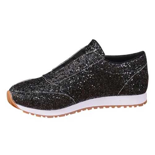 shownicer Damen Sneaker Pailletten Glitzer Flach Schuhe Freizeit Atmungsaktiv Walkingschuhe Turnschuhe Outdoor Fitness Jogging Sportschuhe mit Klettverschluss A Schwarz 40 EU von shownicer
