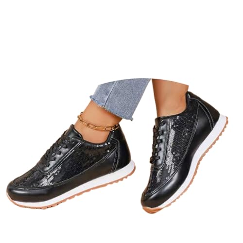 shownicer Damen Sneaker Pailletten Glitzer Flach Schuhe Freizeit Atmungsaktiv Walkingschuhe Turnschuhe Outdoor Fitness Jogging Sportschuhe mit Klettverschluss B Schwarz 40 EU von shownicer