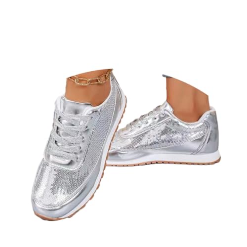 shownicer Damen Sneaker Pailletten Glitzer Flach Schuhe Freizeit Atmungsaktiv Walkingschuhe Turnschuhe Outdoor Fitness Jogging Sportschuhe mit Klettverschluss B Silber 38 EU von shownicer