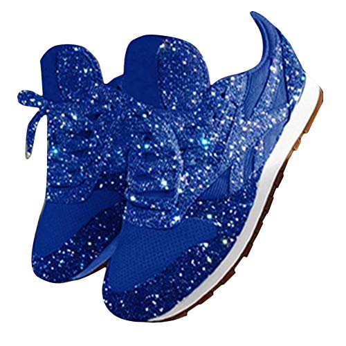 shownicer Damen Sneaker Pailletten Glitzer Flach Schuhe Freizeit Schnürer Sportschuhe Glänzende Schuhe Laufschuhe Sneaker Blau 43 EU von shownicer