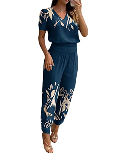 shownicer Damen Sommer 2 Teilig Set Traingsanzug Bedruckter Zweiteilige Jogginganzug Freizeitanzug Sport Set Kurzarm T-Shirt mit V-Ausschnitt und Hose B Blau M von shownicer
