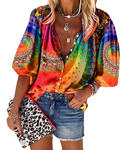 shownicer Damen Sommer Bluse Causal V-Ausschnitt Langarmshirt Elegant Lose Shirt Hemd Knopfleiste Bluse Tie Dye Shirts Tops mit 3/4 Arm B Orange L von shownicer