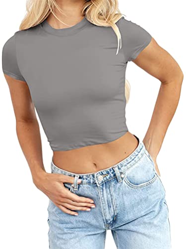 shownicer Damen Sommer Crop Top Casual Kurzarm Rundhals Tops Slim Fit Y2k Athletisches Top Einfarbige Basic Oberteile Teenager Streetwear A Grau S von shownicer