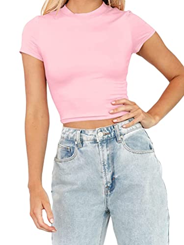 shownicer Damen Sommer Crop Top Casual Kurzarm Rundhals Tops Slim Fit Y2k Athletisches Top Einfarbige Basic Oberteile Teenager Streetwear A Rosa S von shownicer