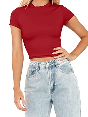 shownicer Damen Sommer Crop Top Casual Kurzarm Rundhals Tops Slim Fit Y2k Athletisches Top Einfarbige Basic Oberteile Teenager Streetwear A Rot S von shownicer