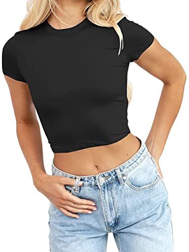 shownicer Damen Sommer Crop Top Casual Kurzarm Rundhals Tops Slim Fit Y2k Athletisches Top Einfarbige Basic Oberteile Teenager Streetwear A Schwarz S von shownicer