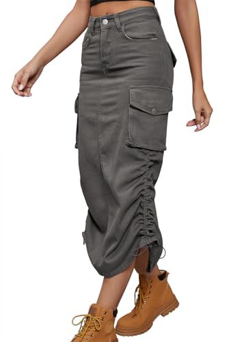 shownicer Damen Sommer Jeansrock Midi Long A-Linie Rock mit Hoher Taille Stretch Sommerrock Bleistiftrock mit Knöpfen Denim Midirock A Dunkelgrau XXL von shownicer