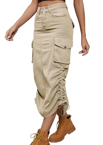 shownicer Damen Sommer Jeansrock Midi Long A-Linie Rock mit Hoher Taille Stretch Sommerrock Bleistiftrock mit Knöpfen Denim Midirock A Khaki M von shownicer