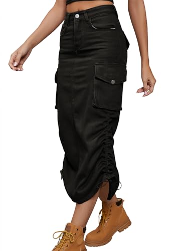 shownicer Damen Sommer Jeansrock Midi Long A-Linie Rock mit Hoher Taille Stretch Sommerrock Bleistiftrock mit Knöpfen Denim Midirock A Schwarz M von shownicer