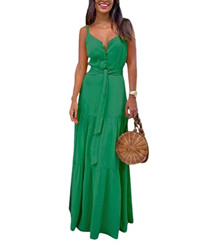 shownicer Damen Sommer Kleid Ärmelloses Maxikleid Spaghetti Strap Lang Kleider mit Taschen Strandkleid Partykleid Cocktailkleid A Grün M von shownicer