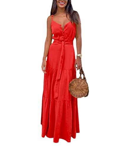 shownicer Damen Sommer Kleid Ärmelloses Maxikleid Spaghetti Strap Lang Kleider mit Taschen Strandkleid Partykleid Cocktailkleid A Rot XL von shownicer