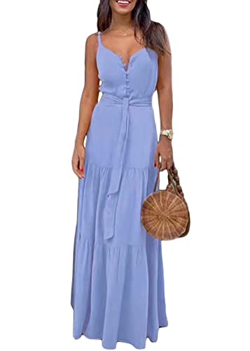 shownicer Damen Sommer Kleid Ärmelloses Maxikleid Spaghetti Strap Lang Kleider mit Taschen Strandkleid Partykleid Cocktailkleid A Violett L von shownicer