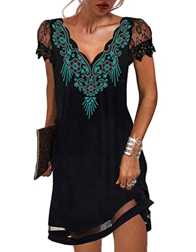 shownicer Damen Sommer Kleider V-Ausschnitt Blumenmuster Kleider Boho Strand Lose Kleider Sexy Elegant Spitzenärmel Mini Kleider B Grün 3XL von shownicer