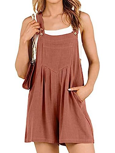 shownicer Damen Sommer Kurz Jumpsuit Ärmellos Overall Latzhose Einfarbig Casual Locker Playsuits Hosenanzug Kurz Romper Shorts mit Taschen C Rot M von shownicer