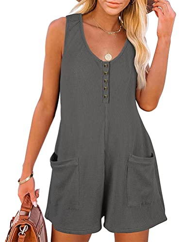 shownicer Damen Sommer Kurz Jumpsuit Ärmellos V-Ausschnitt Overall Latzhose Einfarbig Casual Locker Playsuits Hosenanzug Kurz Romper Shorts mit Taschen B Grau02 XXL von shownicer