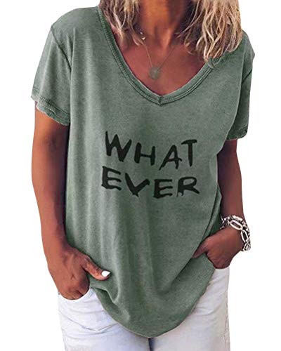 shownicer Damen Sommer Kurzarm Blusen T-Shirt V-Ausschnitte Loose Oversize Shirt Einfarbig Casual Brief Bedruckt Asymmetrisch Oberteile Top B Grün 3XL von shownicer