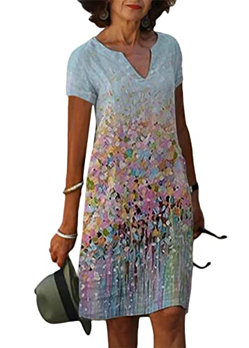 shownicer Damen Sommerkleid V-Ausschnitt Kurzarm Knielang Kleid Elegant Lose Blusenkleid Casual Boho Kleid A-Linie Kleid T-Shirt Kleid B Style31 L von shownicer