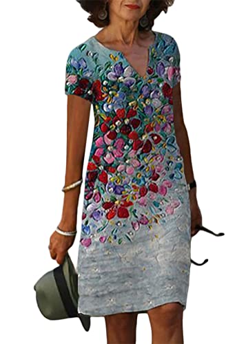 shownicer Damen Sommerkleid V-Ausschnitt Kurzarm Knielang Kleid Elegant Lose Blusenkleid Casual Boho Kleid A-Linie Kleid T-Shirt Kleid B Style32 L von shownicer