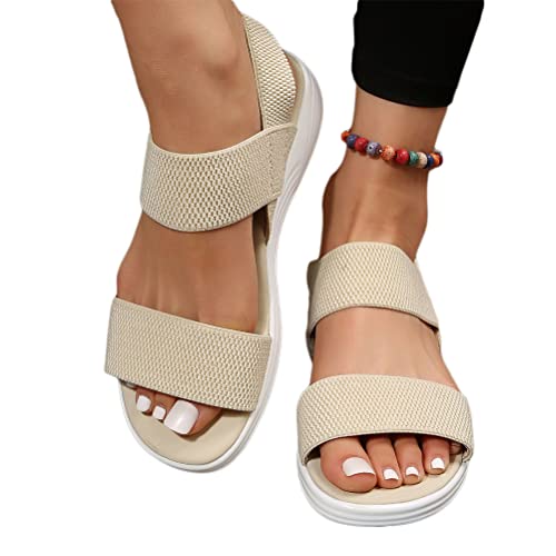 shownicer Damen Sommer Plateau Sandalen Elegant Bequeme Flach Backstrap Sandal Freizeit Sommerschuhe Strand Sandalen Treckingsandalen Stretch Fly Woven A Beige 38 EU von shownicer