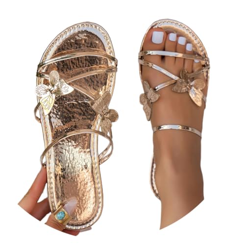 shownicer Damen Sommer Sandalen Schmetterling Flache Sandalen Strandsandalen Leicht Bequem Freizeitschuhe Hausschuhe A Khaki 39 von shownicer