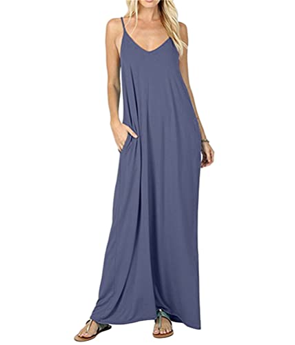 shownicer Damen Sommer V-Ausschnitt Kleid Ärmellos Lang Kleid Spaghettiträger Strandkleider Boho Maxikleid Sommerkleid Lockeres Freizeitkleider mit Taschen Blau Grau XXL von shownicer