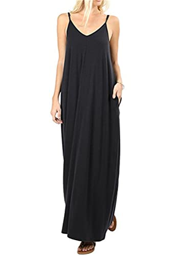 shownicer Damen Sommer V-Ausschnitt Kleid Ärmellos Lang Kleid Spaghettiträger Strandkleider Boho Maxikleid Sommerkleid Lockeres Freizeitkleider mit Taschen Schwarz L von shownicer